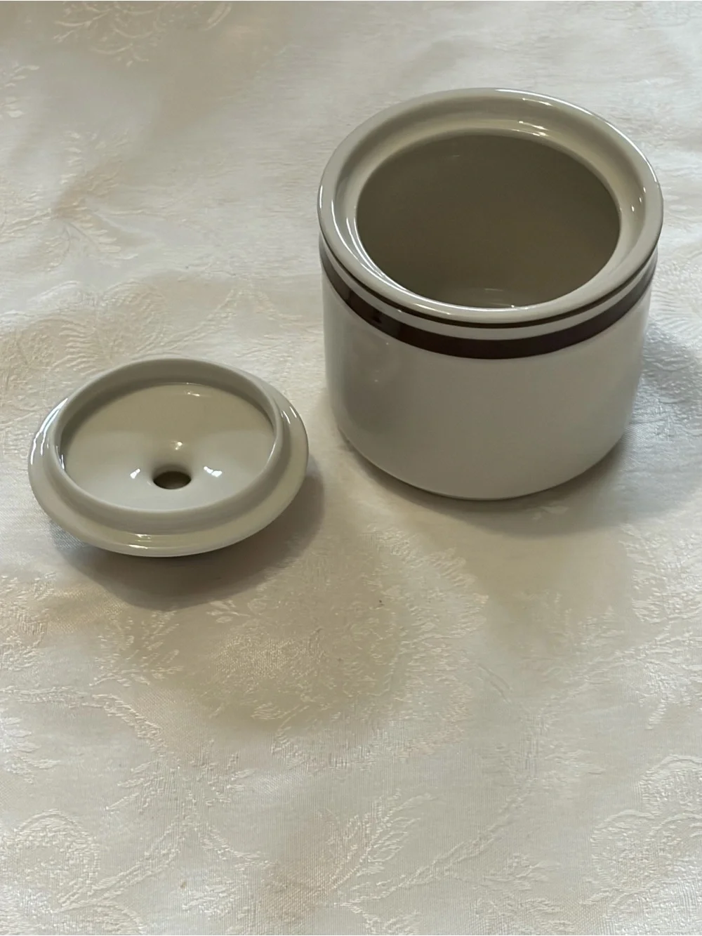 Vintage Orbit Stoneware 221 Sugar Bowl with Lid Brown Stripe Trim